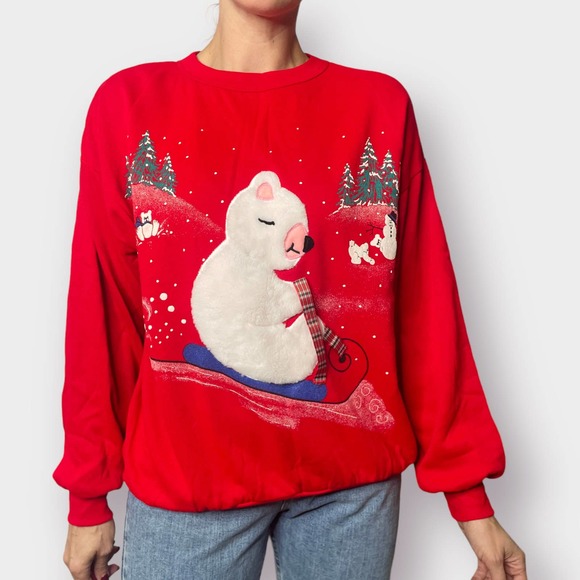 80s Polar Bear Sledding‎ Holiday Scene Sweatshirt - Picture 2 of 7